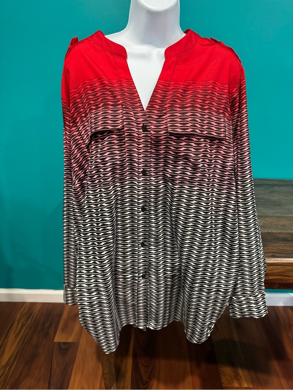 Calvin Klein Red Ombre Geometric Button-Down Blouse